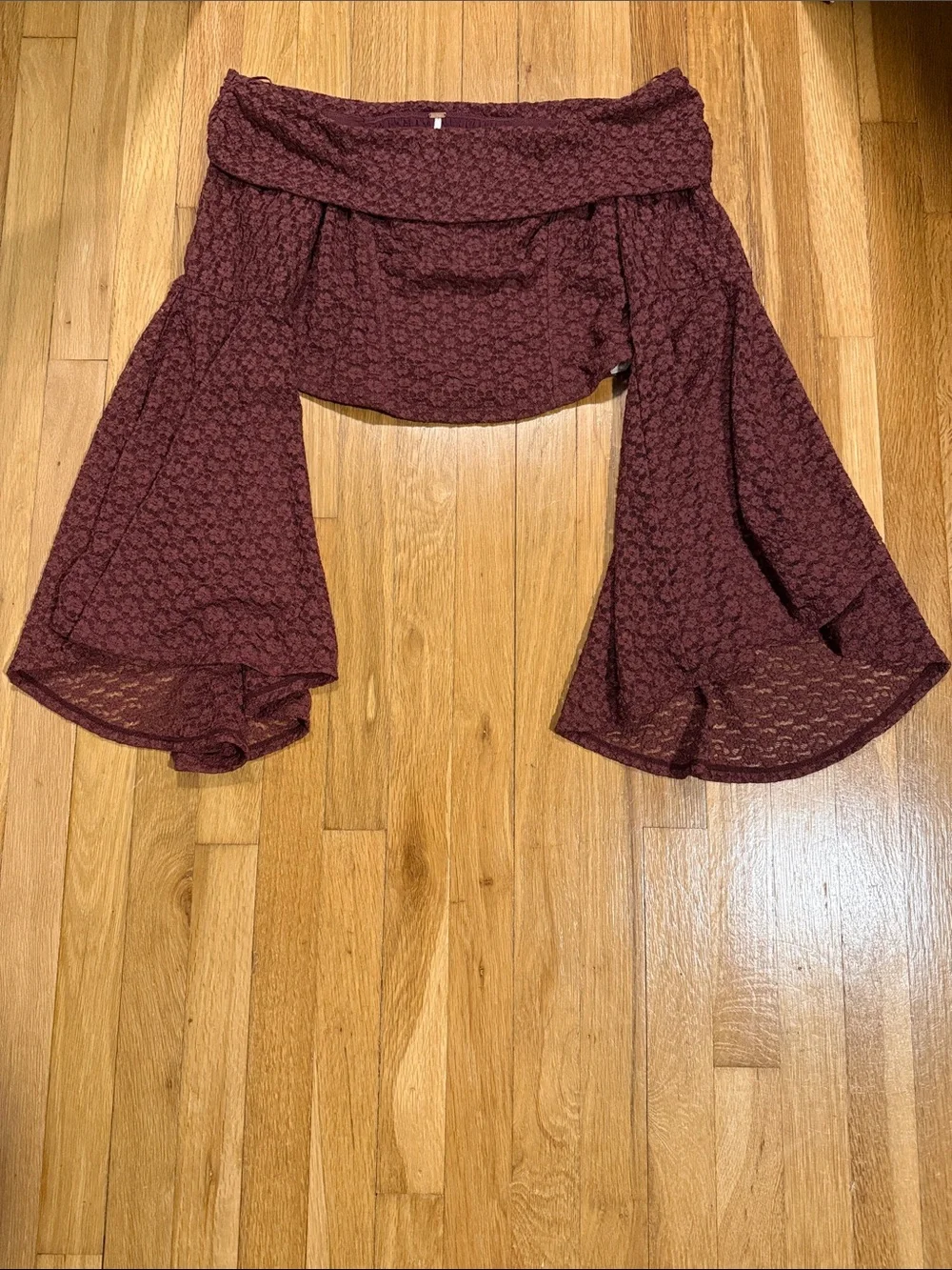 Free People Lola Off the Shoulder Lace Top Bell Sleeves Burgundy L